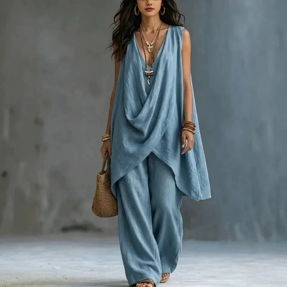 Women Holiday Blouse Pant Suits Summer Sexy V Neck Sleeveless Loose Asymmetrical Blouse Tops&Wide Leg Full Trouser Sets