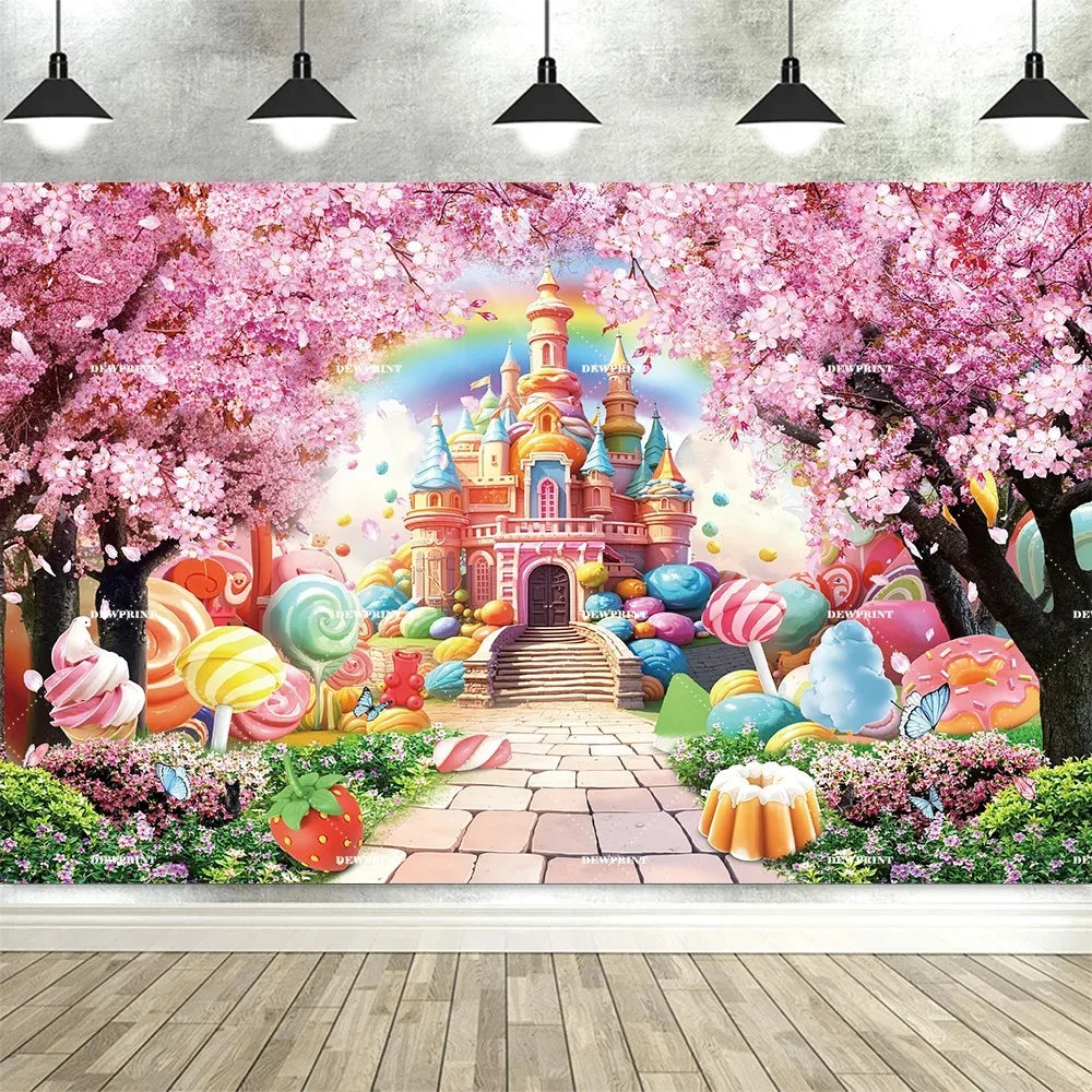 Sweet Candy Castle Cherry Blossom Theme Birthday Photography Background, Children's Birthday Party Banner Photography Background