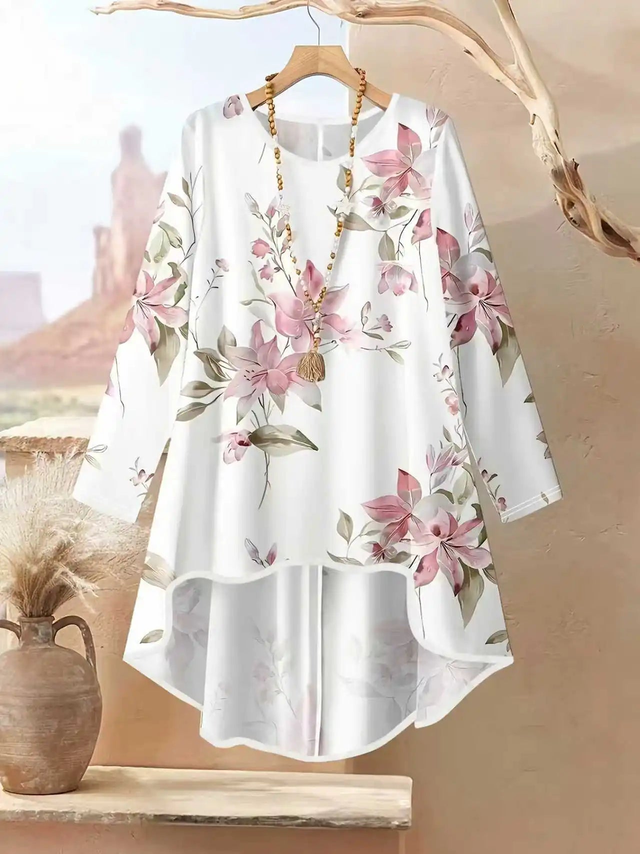 Fashionable New Women's Floral Print Casual Long-Sleeve Round-Neck Irregular Hem Top and Solid Color Pants Set - Spring/Summer Random Print Pattern Two-Piece Set