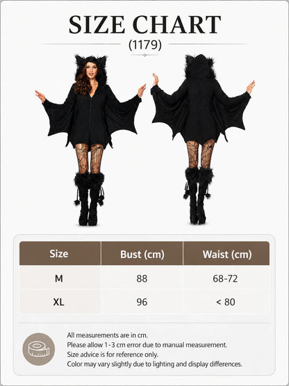 Women Cozy Bat Halloween Costume, Furry Cat Ear Hooded Zip‑Up Dress with Bat Wings, Vampire Animal Cosplay Outfit for Carnival Party
