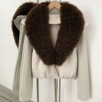 OFTBUY Women Winter Real Lamb Wool Fur Collar 90 White Duck Down Jacket Cable Knit Sleeve Zipper Drawstring Cropped Coat