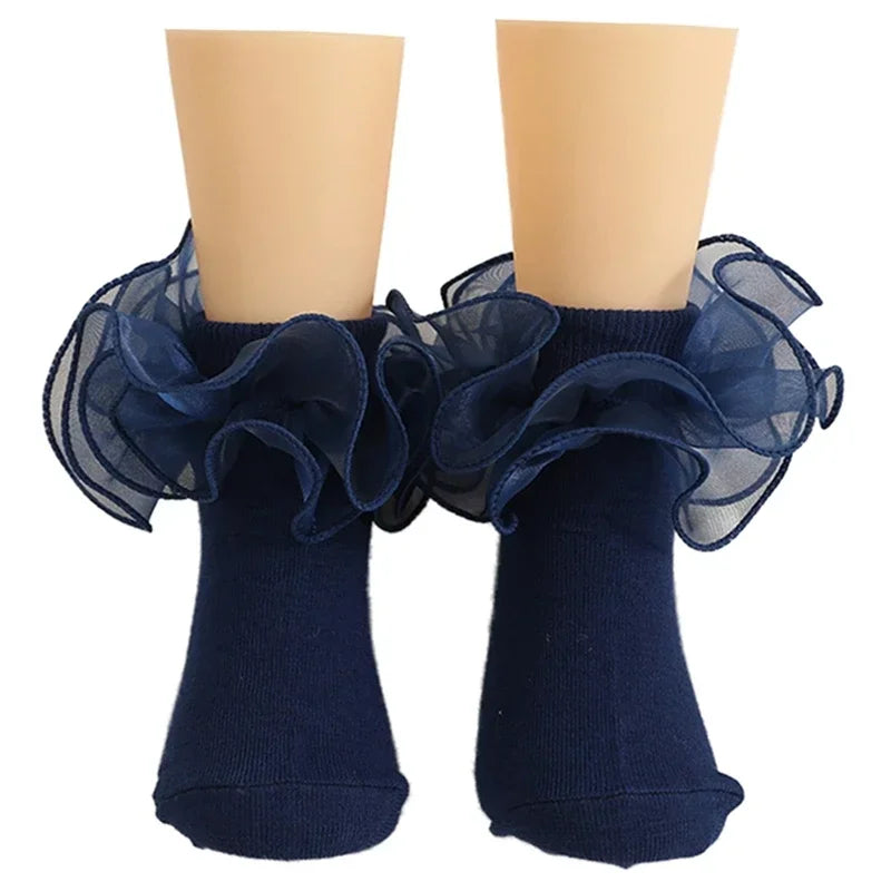 1 Pair Girls' Puffy Lace Socks Children's Combed Cotton Lace Lace Socks Baby Girl Skirt Accessories Solid Color Socks