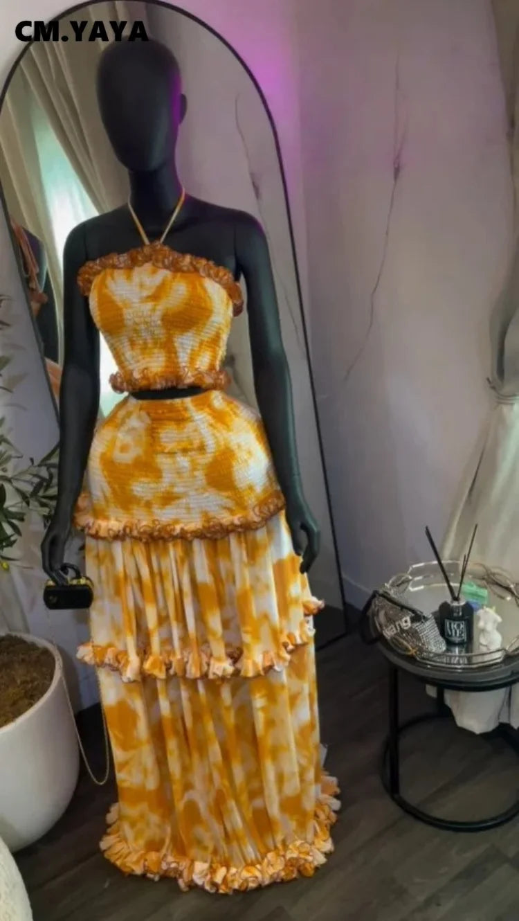 CM.YAYA Women Set Tie Dye Print Sleeveless Halter Crop Tops +Ruffles Long Skirt 2026 Summer Beach Vacation Two Piece Set Outfits
