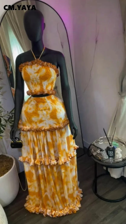 CM.YAYA Women Set Tie Dye Print Sleeveless Halter Crop Tops +Ruffles Long Skirt 2026 Summer Beach Vacation Two Piece Set Outfits