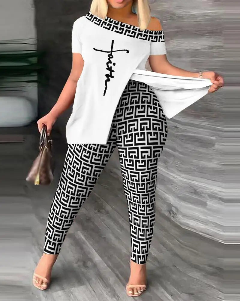 Womens Two Peice Sets Summer Fashion Print Short Sleeve Suit Set Femme Casual Sporty 2Pce One-Shoulder Split Hem Tops &Pants Set