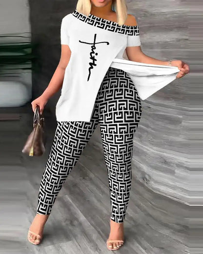 Womens Two Peice Sets Summer Fashion Print Short Sleeve Suit Set Femme Casual Sporty 2Pce One-Shoulder Split Hem Tops &Pants Set