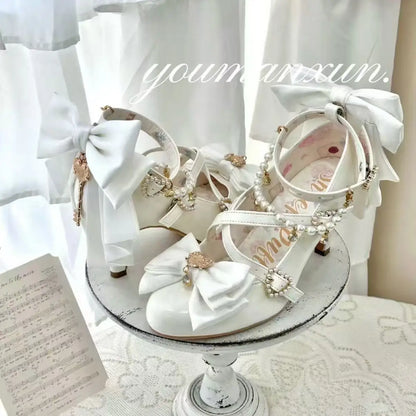 Lovely Girls Pink Lolita Butterfly Knot High Heels Platform Shoes for Women Cute Sakura Dress Mary Janes Beige Size 34-42