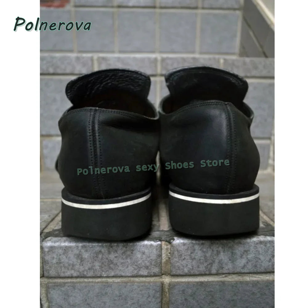 Black Rivet Belt Buckle Pumps 2026 Spring Summer New Arrivals Square Toe Thick Sole Lace Up Couple Pu Leather Shoes Casual Trend