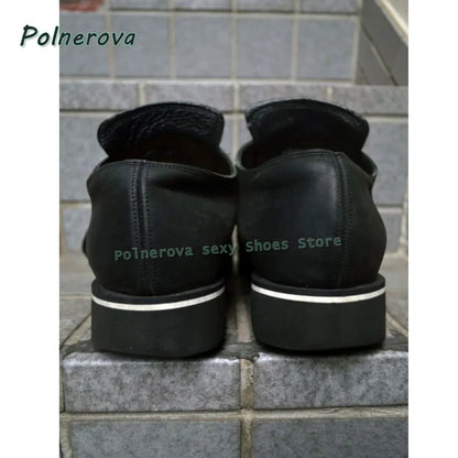 Black Rivet Belt Buckle Pumps 2026 Spring Summer New Arrivals Square Toe Thick Sole Lace Up Couple Pu Leather Shoes Casual Trend