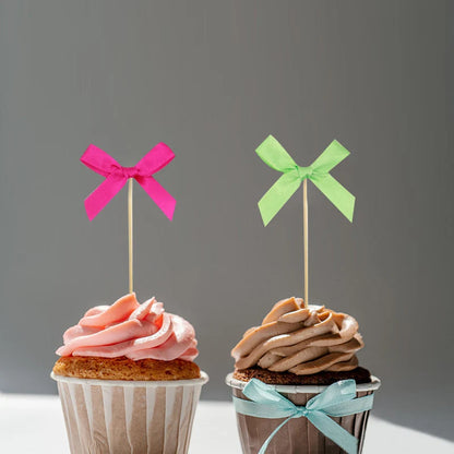 10pcs Pink Bow Cupcake Topper Plugin Dessert Baking Decoration Birthday Themed Party Cake Top Cover Bow Dessert Topper Decor