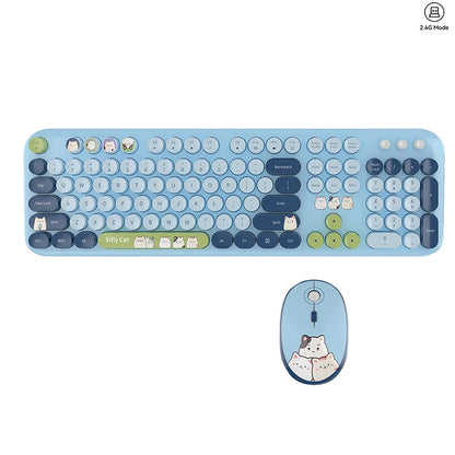 Full Size Wireless Keyboard Mouse Combo 104 Keys Retro Cute Cat Design Plug and Play Keyboard Mouse Set for Windows 7/8/10/XP