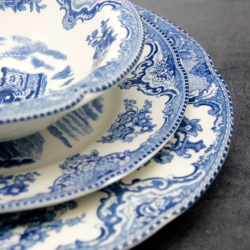 The Blue Britain Castles  Dinner Set European Style Dinner Ware Ceramic Breakfast Plate Beef Dishes Dessert Dish Soup Bowl