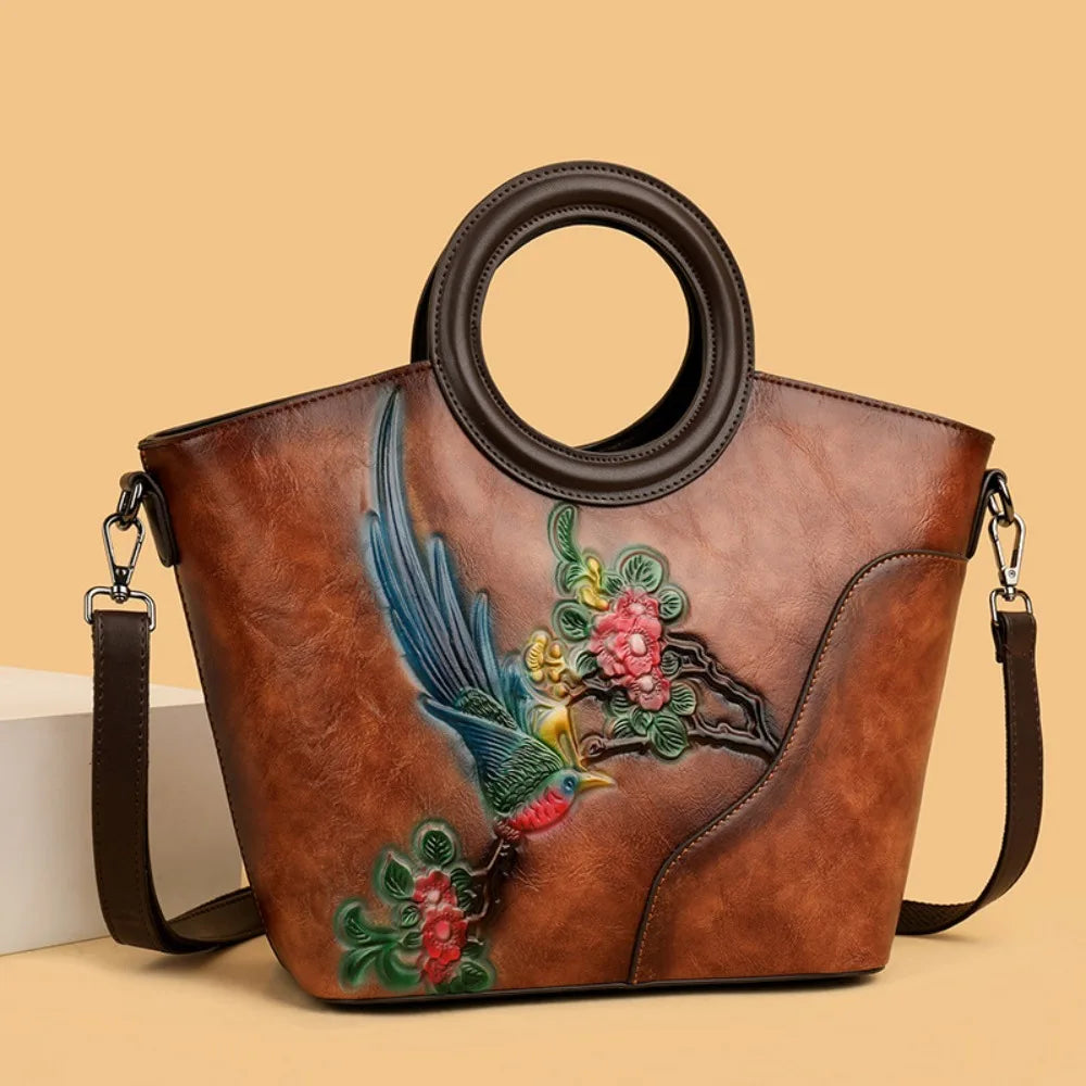 2026 New Handmade Painting Vintage Bucket Bag for Women Genuine Leather Textured Top Handle Shoulder Crossbody Handbag Purse