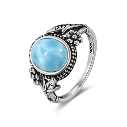 Vintage 925 Silver Ring Natural Larimar Stone Round Flower Shape Sky Blue Sea Water Ring Fine Jewelry Party Gifts For Women Men