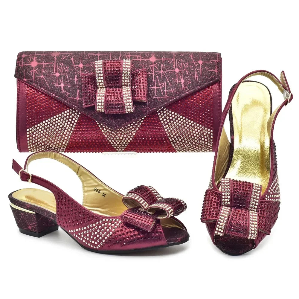 Latest Shoes and Bag Set for Women 2025 Plus Size Heels 43 Low Heels Italian Women Shoes with Bag Set Decorated with Rhinestone