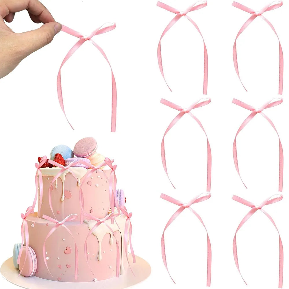 10pcs Bow Cupcake Toppers Birthday Bowknot Ribbons Coquette Pink Bow Cake Decors Bridal Baby Girls Wedding Party Supplies