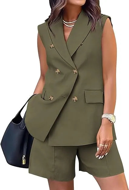 Spring Summer Women Office Shorts Suit Set Solid Khaki Sleeveless Halter Outfit 2 Piece Matching Sets For Women 2025