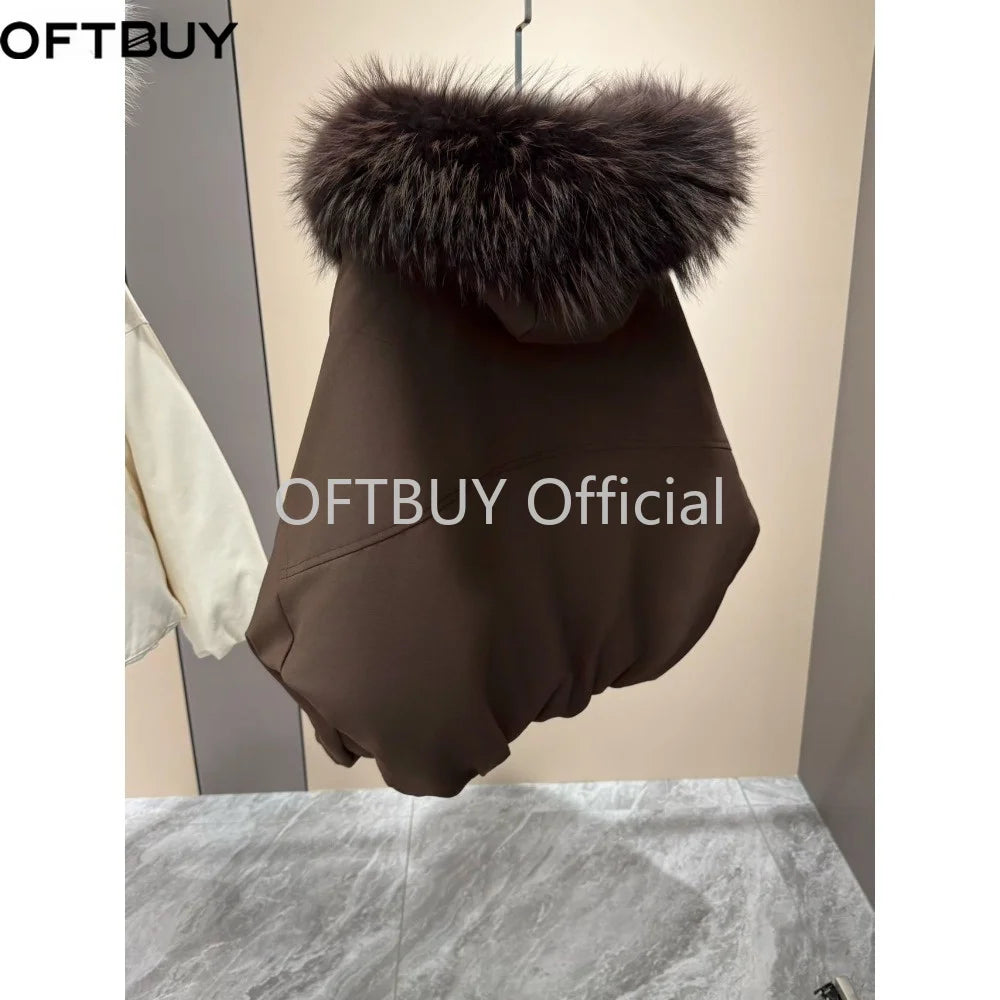 OFTBUY Natural Raccoon Fur Collar Goose Down Jacket Women Cropped Coat Winter Warm Hooded Zipper Windproof Fashion Outerwear