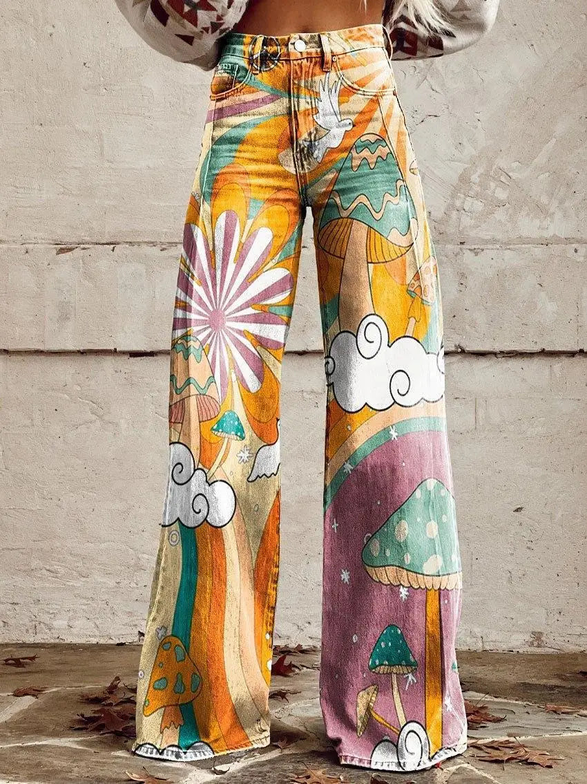Women's 3D Printed Flare Jeans-Polyester Wide Leg Pants with Distressed Vintage Look, High Waist Comfort Fit for Street Fashion