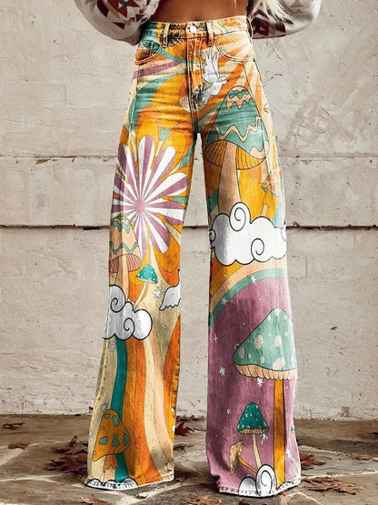 Women's 3D Printed Flare Jeans-Polyester Wide Leg Pants with Distressed Vintage Look, High Waist Comfort Fit for Street Fashion