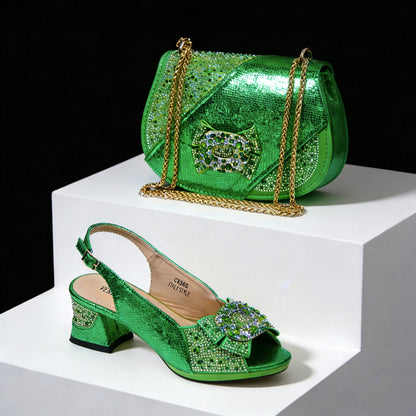 Nigeria Design Open Toe High Heels & Bag Set Gold Color blocking Hot Rhinestones Fashion Elegant Sexy High Heels