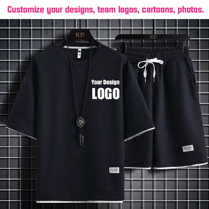 Personalized Custom Print Short Sleeve  T-Shirt Sport Shorts 2 Piece Sets Men's Summer Outfit Breathable and Quick-drying