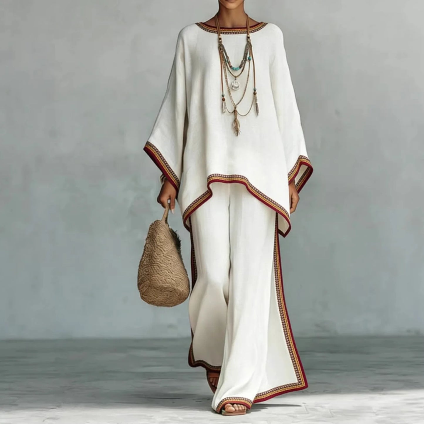 Boho Two Piece Set Summer Women's Loose Patchwork Wide Leg Pants Set Fashion O Neck Pullover Top 2-piece Set Outfit Streetwear