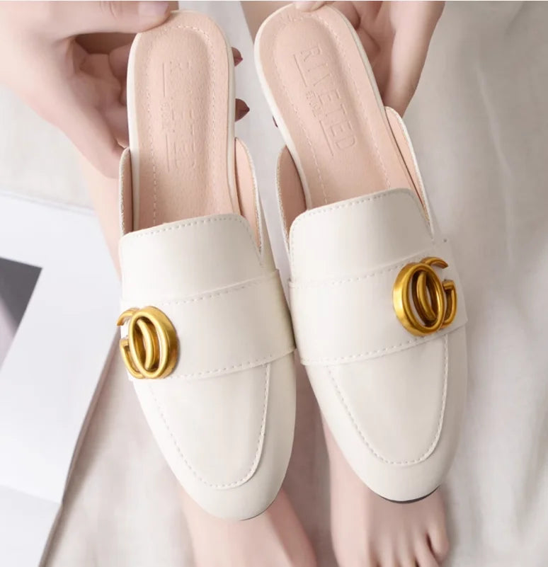 Lady Gold Metal Slides Round Toe Microfiber Soft Bottom For Tender Feet Wide Fits Beige Pink Fashionable Shoes For Summer 44-33