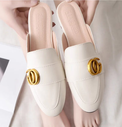 Lady Gold Metal Slides Round Toe Microfiber Soft Bottom For Tender Feet Wide Fits Beige Pink Fashionable Shoes For Summer 44-33