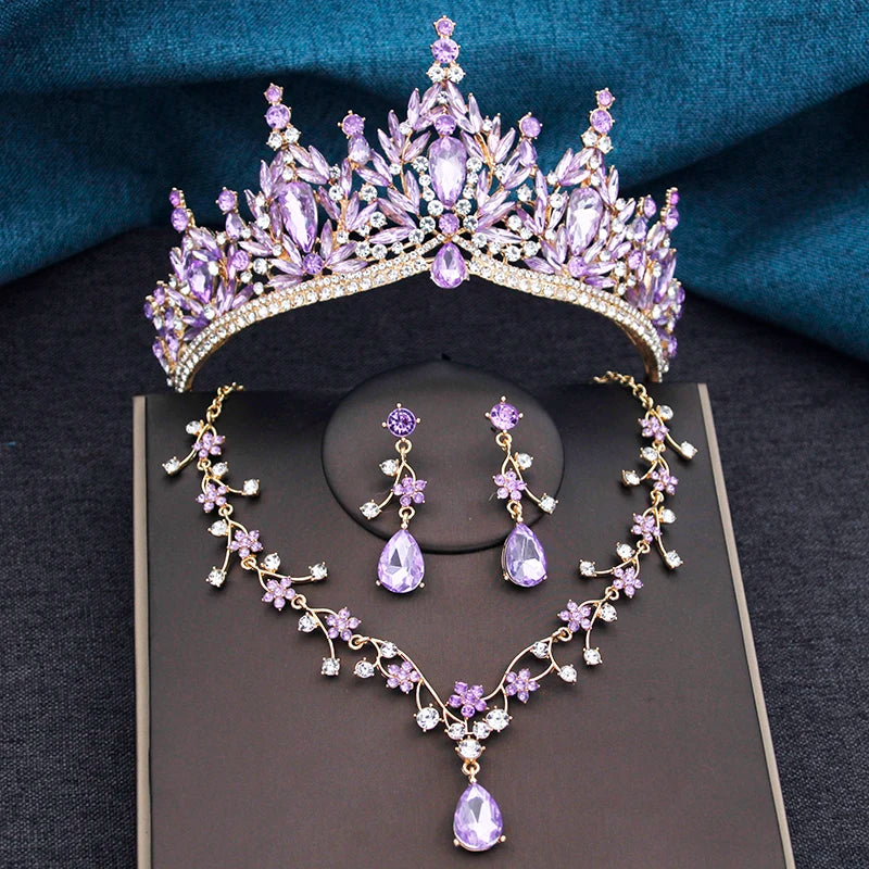 Baroque Wedding Crown for Bride 3-pack Tiara Earrings Necklace Bridal Jewelry Set Champagne Crystal Costume Party Birthday Gift