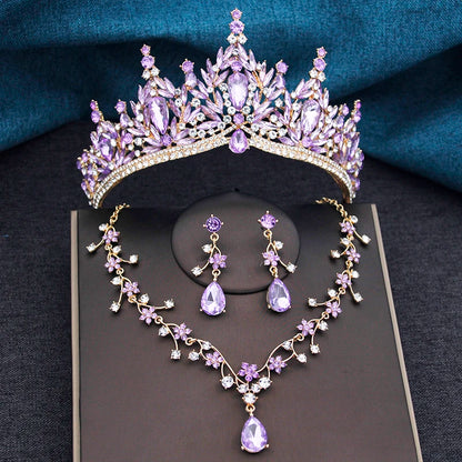 Baroque Wedding Crown for Bride 3-pack Tiara Earrings Necklace Bridal Jewelry Set Champagne Crystal Costume Party Birthday Gift