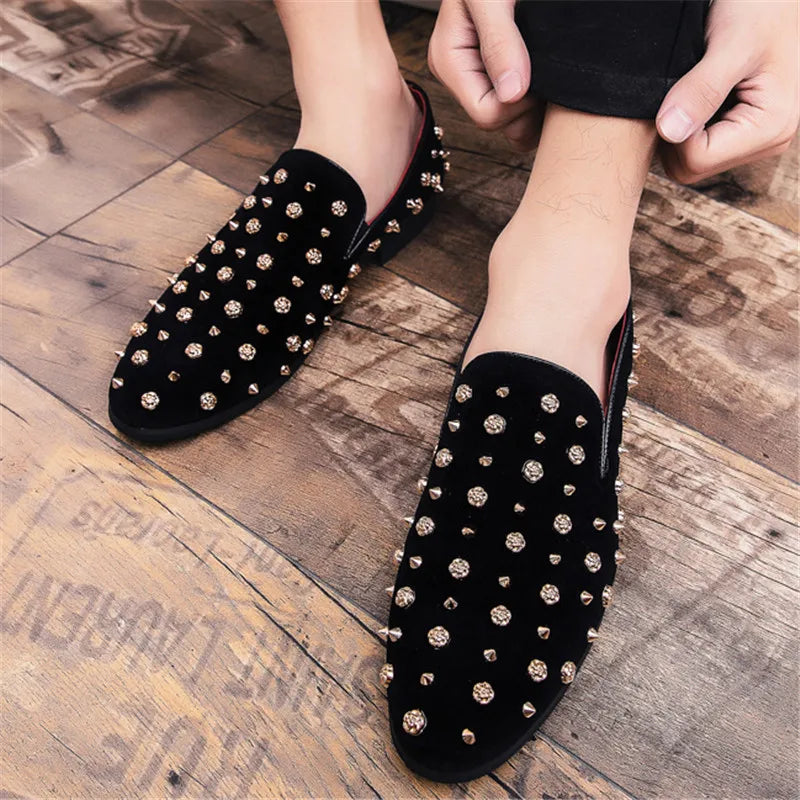 Trendy New Wedding Dress Rock Punk Rivet Suede Leather Shoes For Men Driving Loafers Prom Homecoming Party Footwear Zapatos