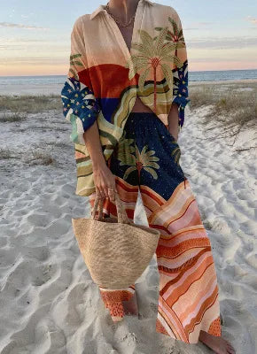 Summer Casual Shirts Two Piece Outfits 2 Pieces Set For Woman New In Matching Sets Blouse For Woman Temperament Vacation Printed