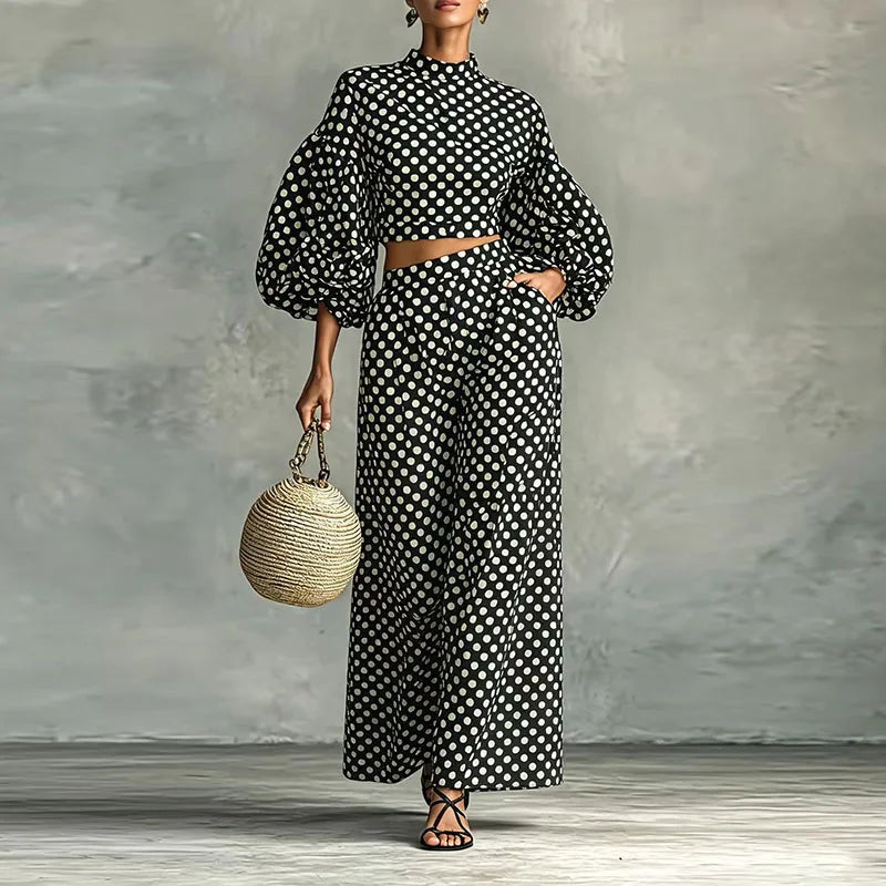 Vintage Polka Dot Matching Suits Women Mock Neck Lantern Sleeve Cropped Short Blouse & Loose Pants Sets Casual Two Piece Outfits