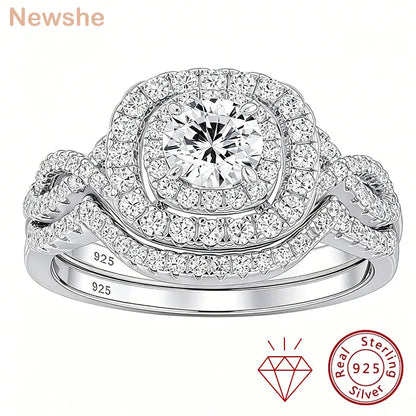 Newshe 2Pcs Halo Round Cut Moissanite Wedding Ring Set for Women Solid 925 Sterling Silver Zircons Luxury Bridal Rings