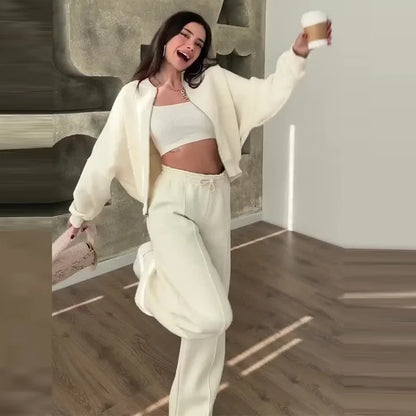 Fashion Women's Suit Zipper Trousers Round Neck Sweatshirt Wide Leg Trousers 2 Piece Set Conjuntos De Pantalón Fall Clothes 2025