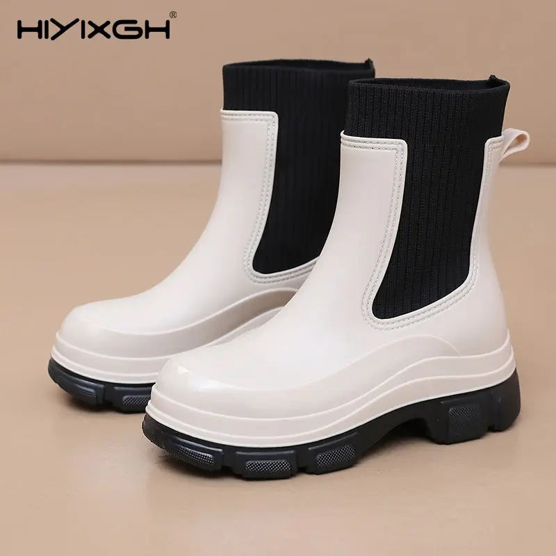 Women’s All-Season Black Durable Work Rain Boots, Waterproof Anti-Slip Platform Sole, Korean-Style Outdoor Fashion Boots
