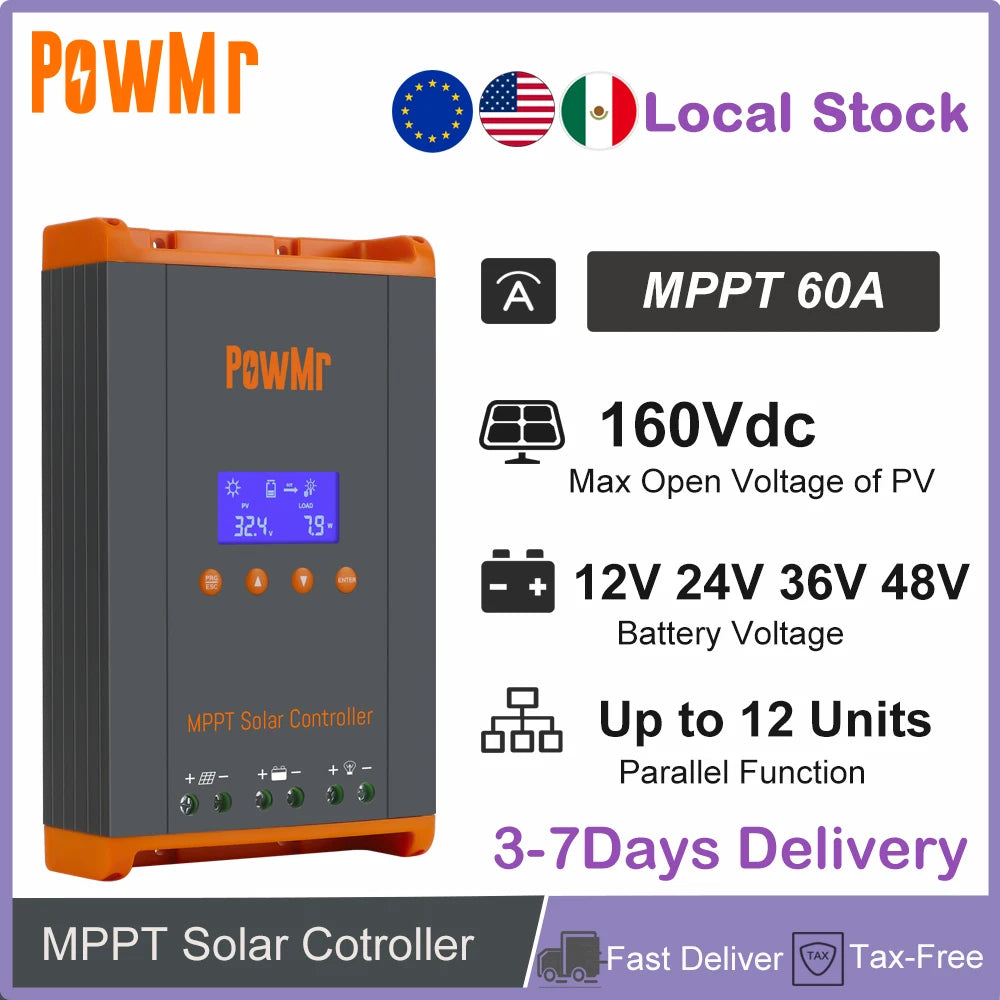 Local Stock MPPT 60A Solar Charge Controller 12V/24V/36V/48V Max Solar Panel PV 160V Parallel Max 12 Units Fit LifePO4 RV Home