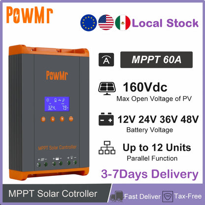 Local Stock MPPT 60A Solar Charge Controller 12V/24V/36V/48V Max Solar Panel PV 160V Parallel Max 12 Units Fit LifePO4 RV Home