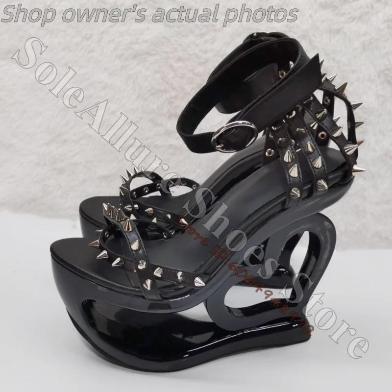 Hot Pink Spike Stud Caged Heart Cutout Wedge Sandals Gloss Patent Ankle Buckle Hollow Sculptural Platform Heels Y2K Trend Sandal