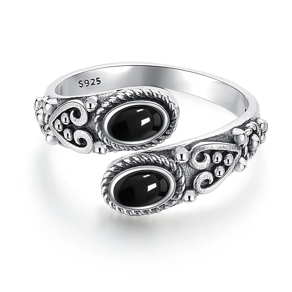 925 Vintage Silver Ring with Natural Moonstone 6*8mm Adjustable Rings Flower Bohemia Style Fine Jewelry for Women