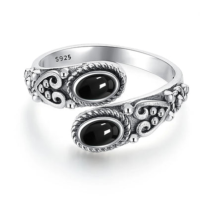 925 Vintage Silver Ring with Natural Moonstone 6*8mm Adjustable Rings Flower Bohemia Style Fine Jewelry for Women