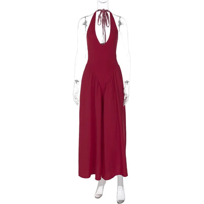 Talenza Backless Deep V Spliced Long Dress Summer Women's Sexy Party Dress Halter New Fashion Slim White Sleeveless Long Dress