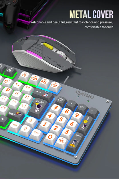 Mecha Style Gaming Wired Keyboard Mouse Set Rainbow Glow Backlit 98 Keys Metal Panel Laptop Desktop