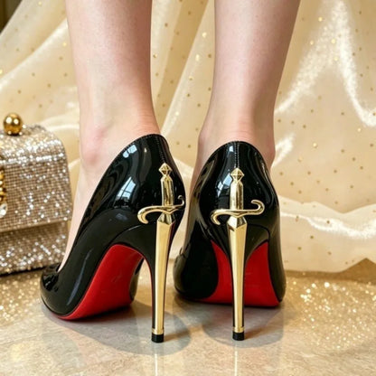2026 New Red Sole High Heels Women's Thin Heel Pointed Toe Metal Sword Sexy Lady Black Painted Leather Single Shoes