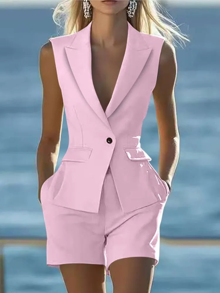 Elegant Women Solid Sleeveless Suit Vest Two Piece Sets Summer Casual Lapel Button Top And Shorts Party Lady Slim Suit Outfits