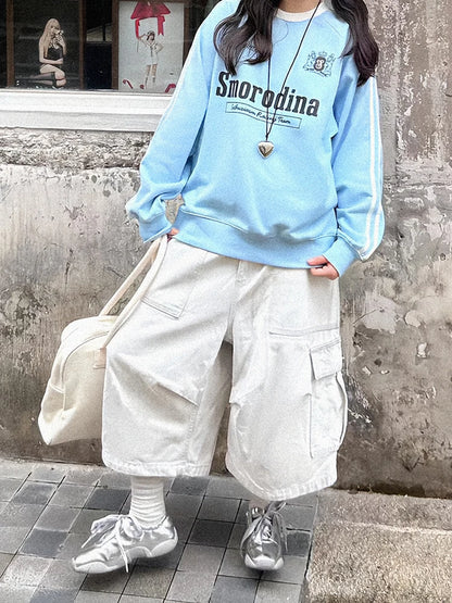 PBAP White Cargo Jean Shorts Women Big Pockets Casual Wide Leg Pleats Adjust Waist Baggy Bermuda Pants Hiphop Vintage Streetwear