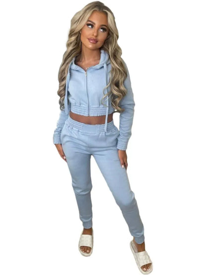 Fleece Hooded Sweatshirt Short Hooded Women's Suit Autumn Winter New Casual Zipper Hoodie Sports Jogging Pants Female 2piece Set