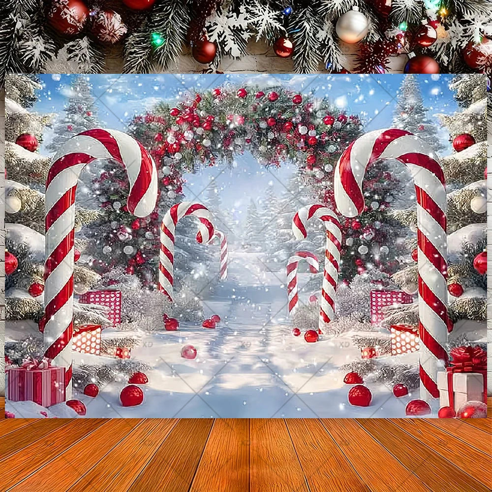 Winter Christmas Candy Vine Arch Theme Banner Background, Children's Birthday Party, Home Decoration Photography Backdrop Cloth
