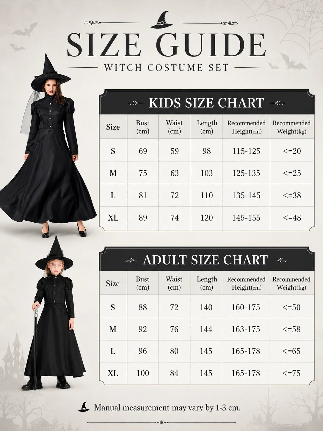 Family Matching Witch Costume for Women Girls, Classic Black Long Gown with Pointed Hat, Halloween Carnival Theme Party Cosplay Fancy Dress‑up